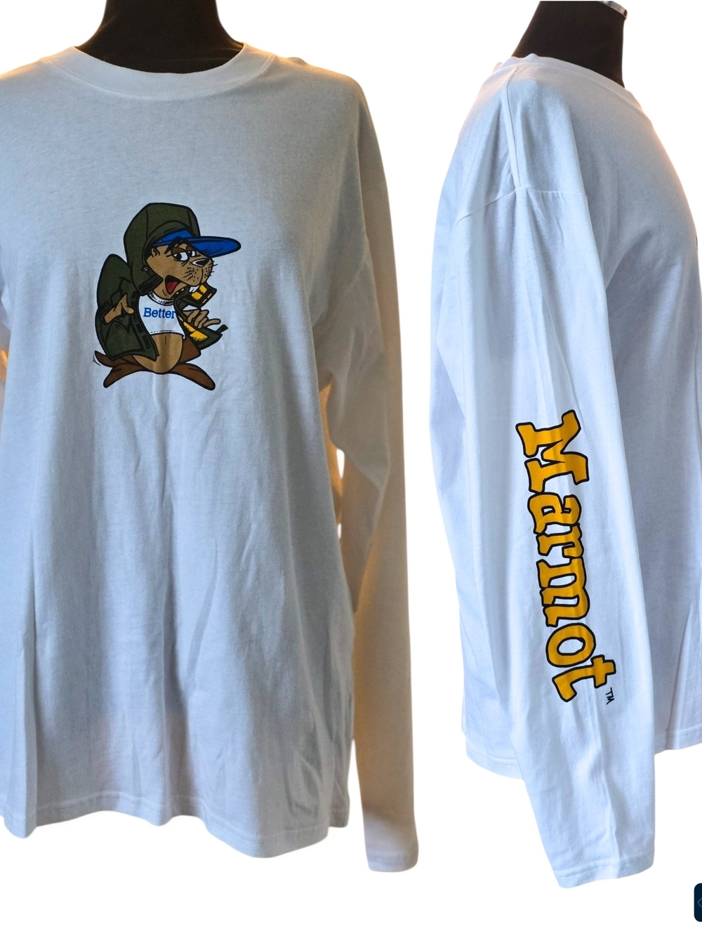 Marmot White Long Sleeve Tee with Yellow Sleeve Logo and Multicolor Cartoon